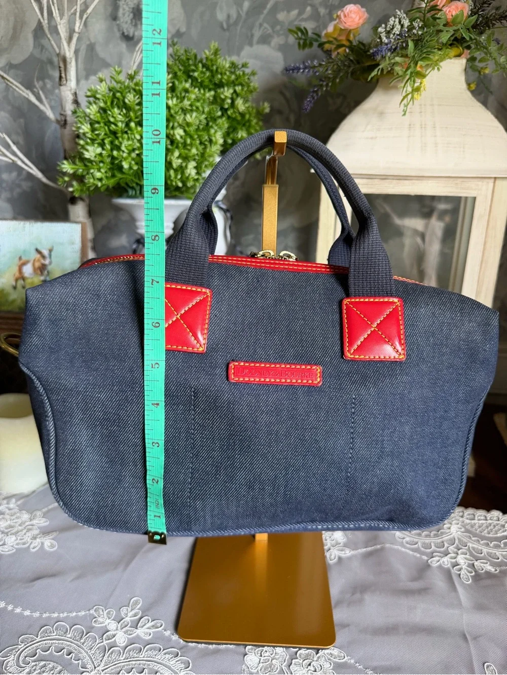 Y2K Dooney & Bourke Navy Denim Red Leather Trim Top Handle Satchel Bag Purse